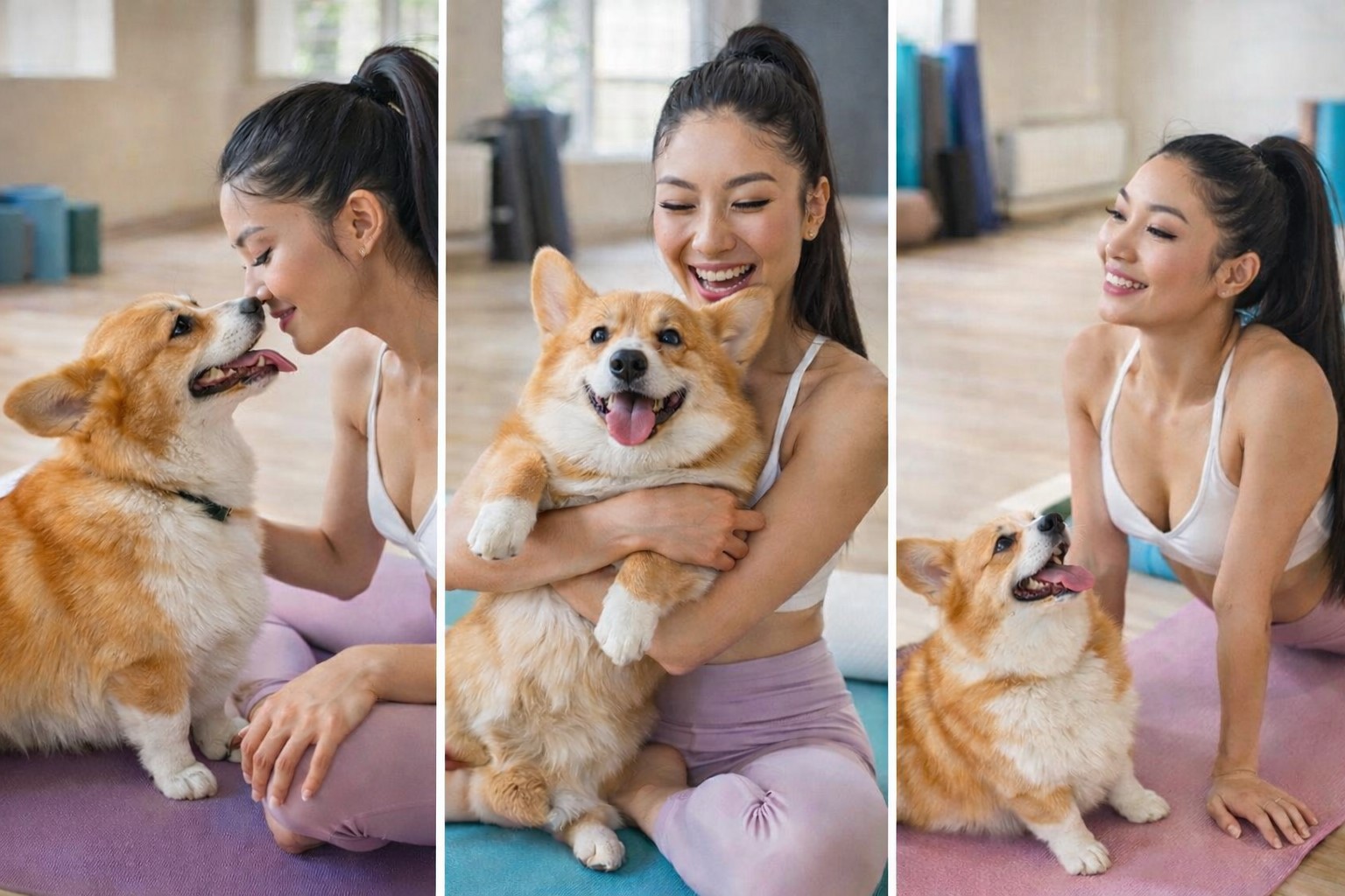 Йога в зале — девушка и корги